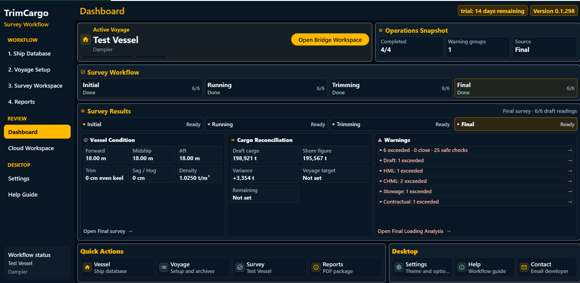TrimCargo Windows dashboard showing survey stages, cargo reconciliation and loading warnings for a sample voyage