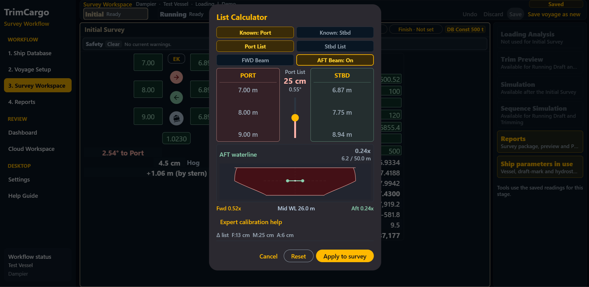 Windows list calculator with the sample aft waterline setting at 0.24 times vessel length